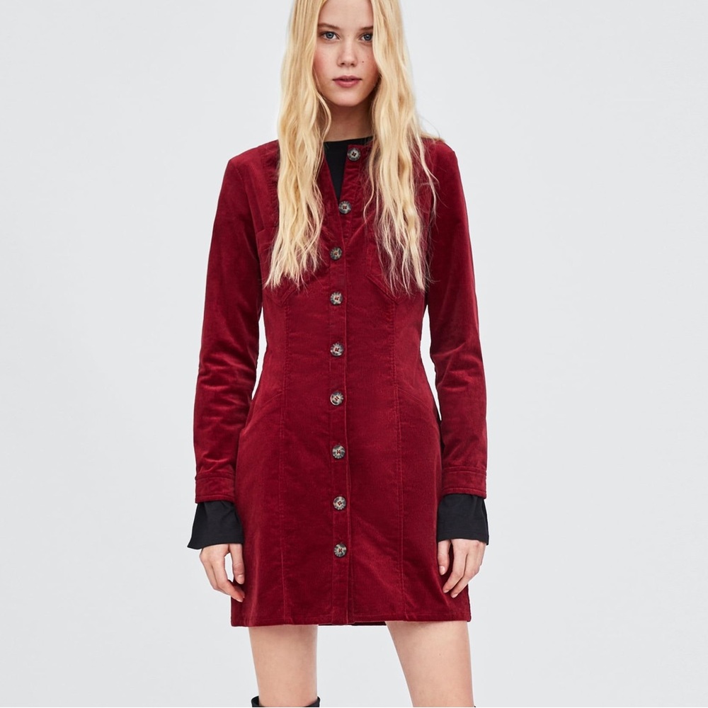 Zara Burgundy Corduroy Velvet Long Sleeve Dress